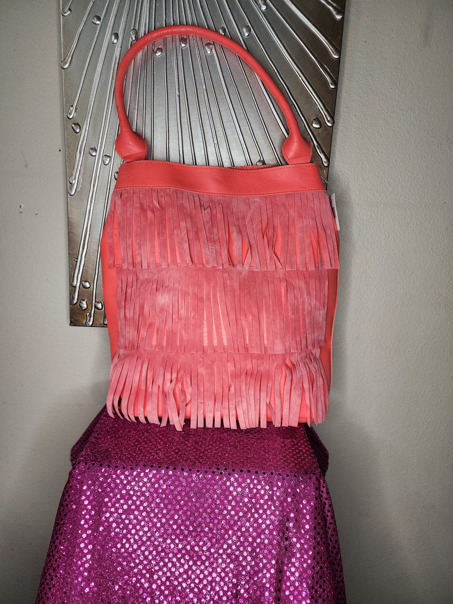 Coral Faux Leather Fringe Handbag