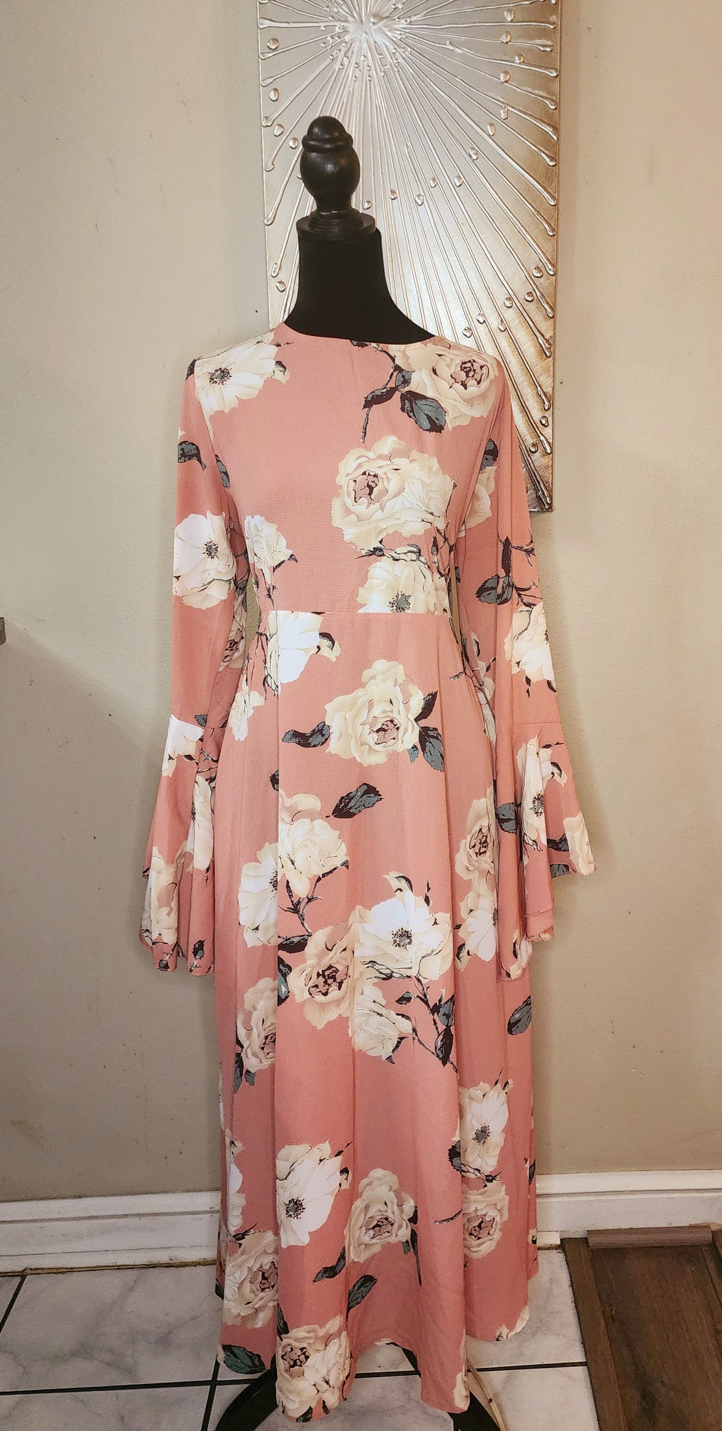 Dusty Rose Floral Print Bell Sleeve Dress