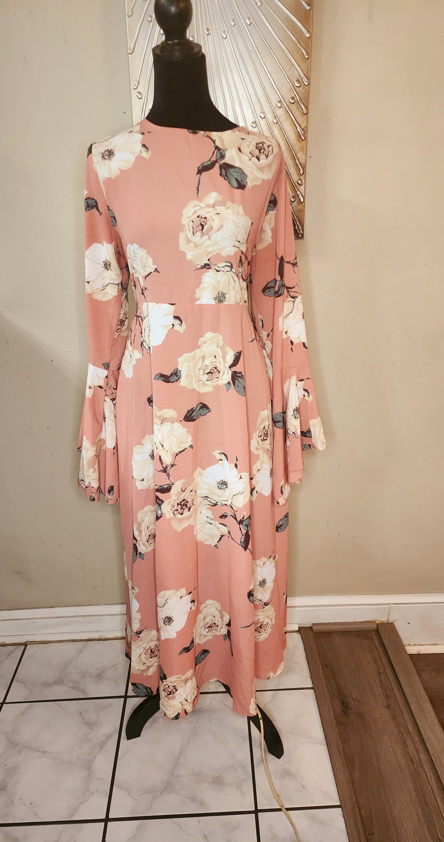 Dusty Rose Floral Print Bell Sleeve Dress
