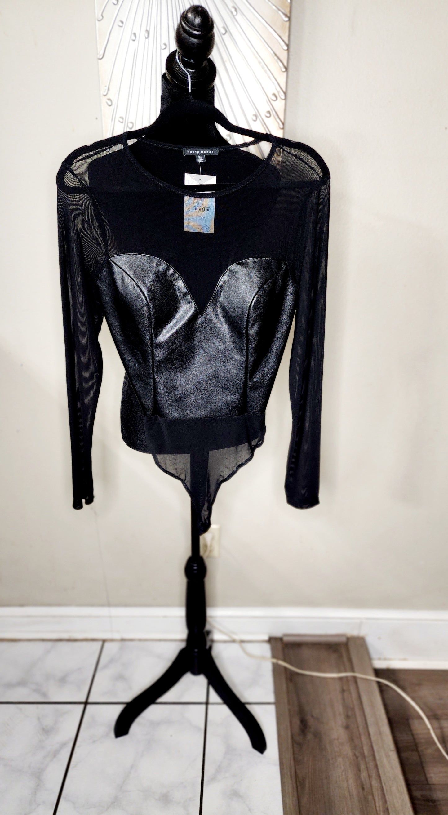 Haute Monde Black Mesh Bodysuit with Faux Leather