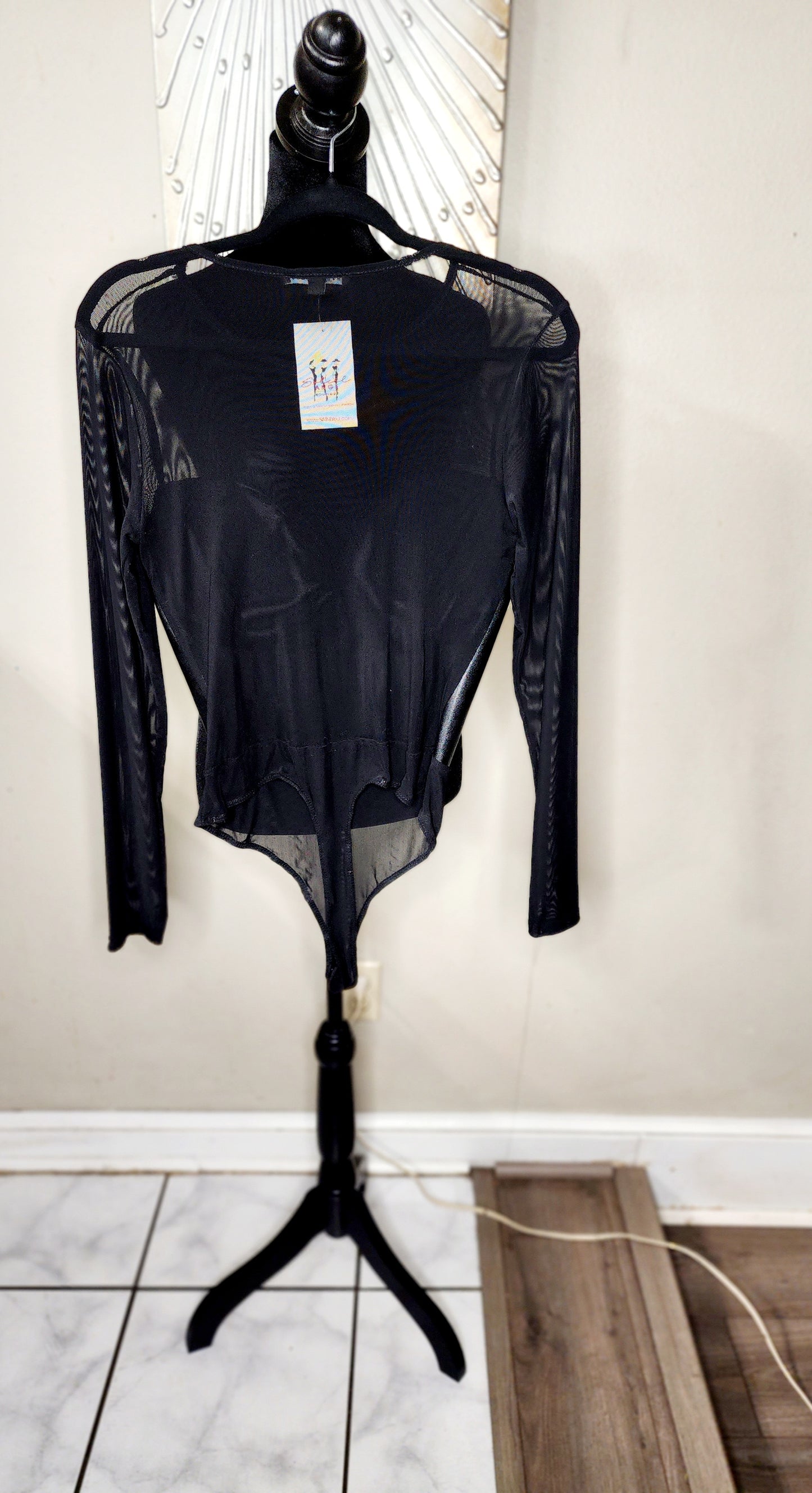 Haute Monde Black Mesh Bodysuit with Faux Leather