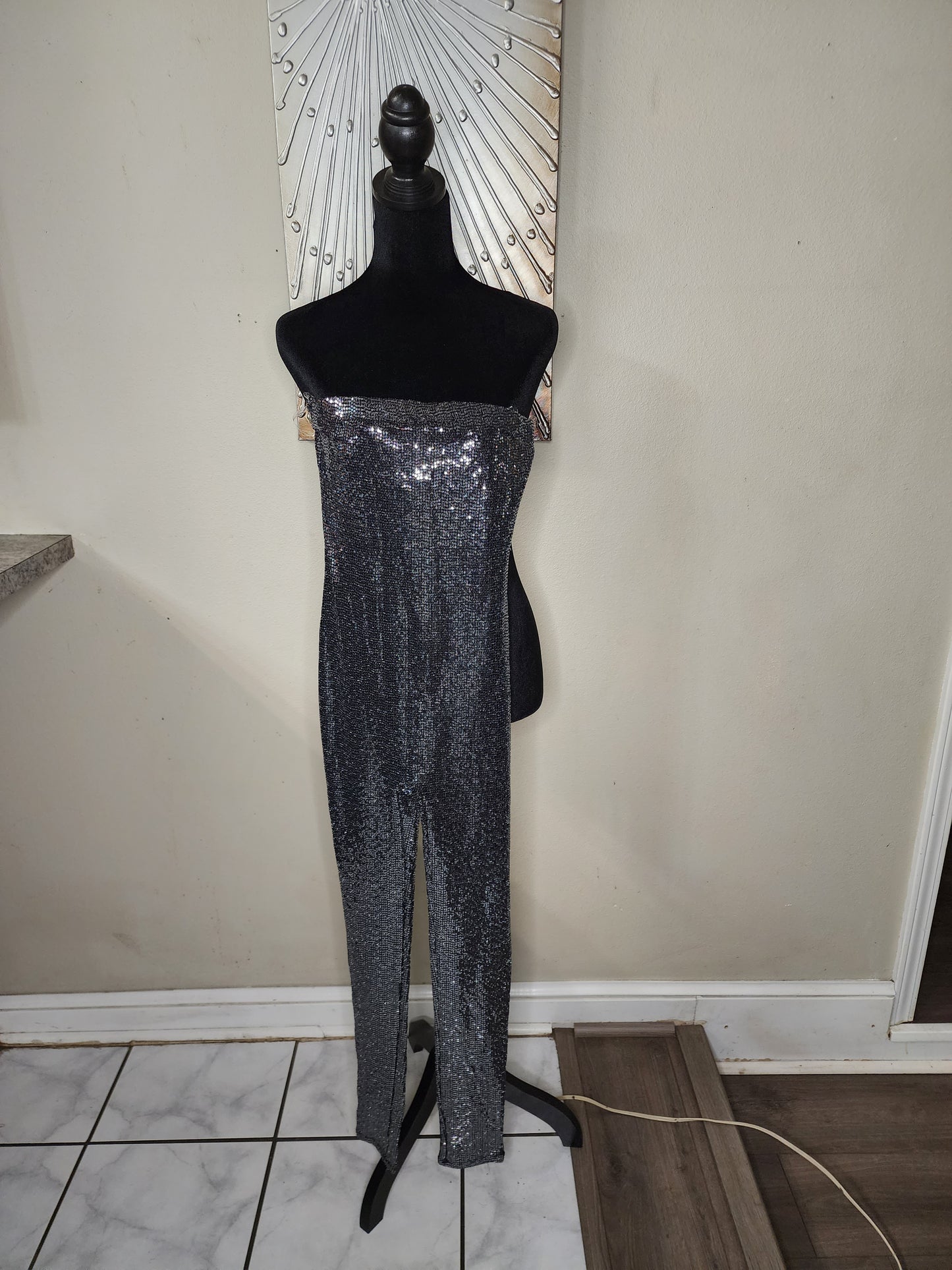 Black Bead Sequin Strapless Jumpsuit