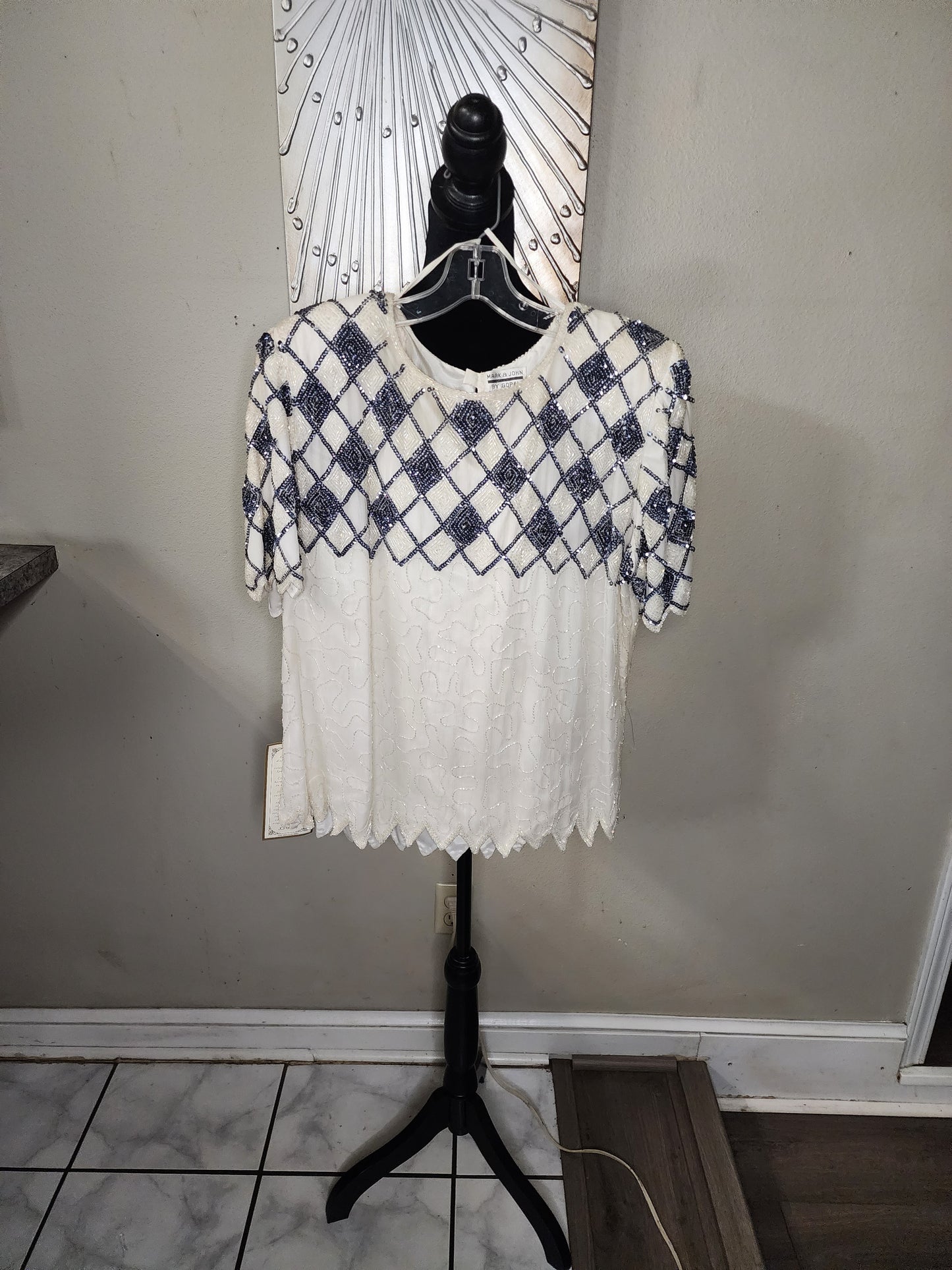 Mark and John by Gopal White and Blue/Gray Sequin Top
