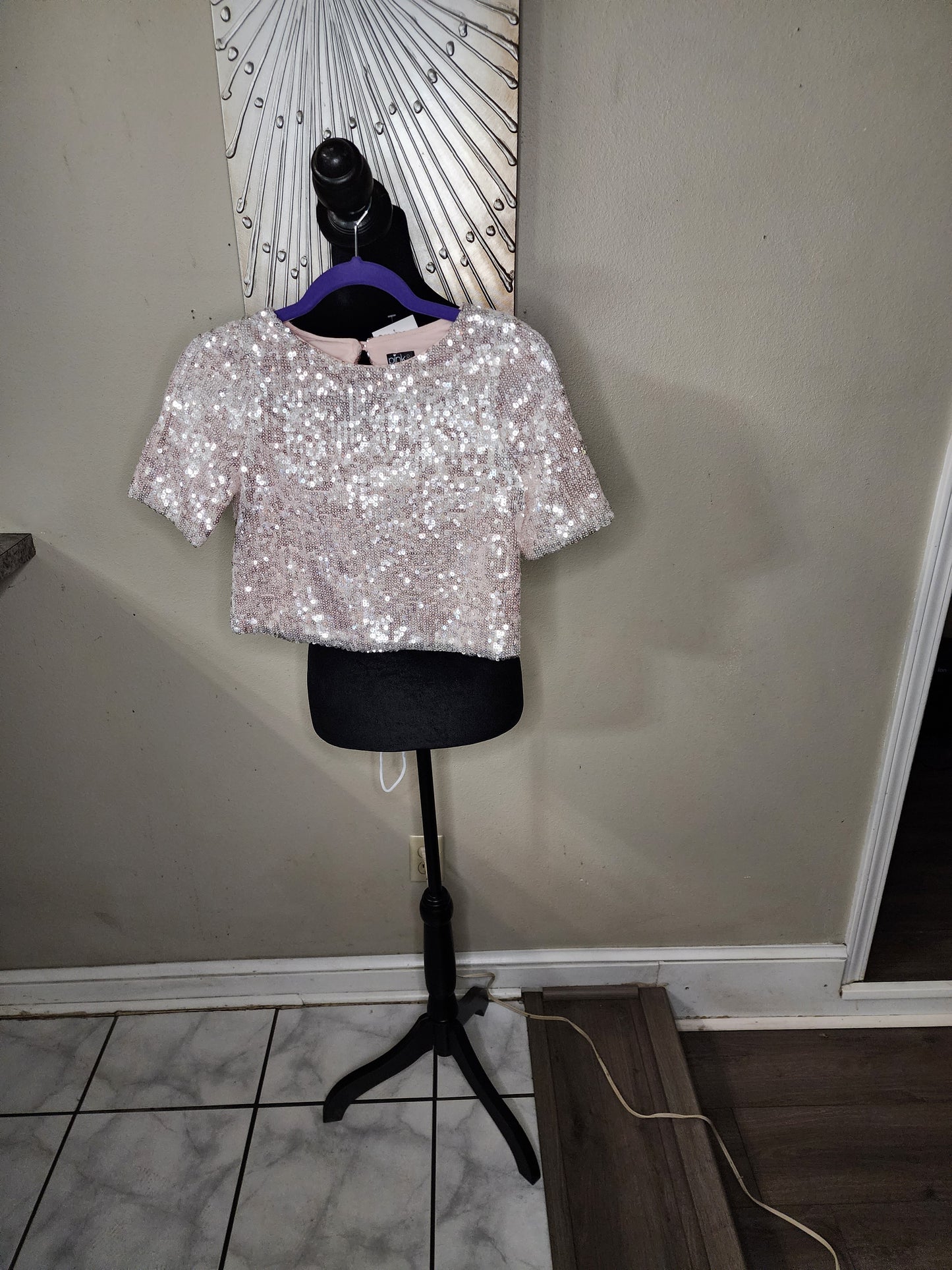 Pink & Violet Soft Pink Sequin Crop Top-Girls
