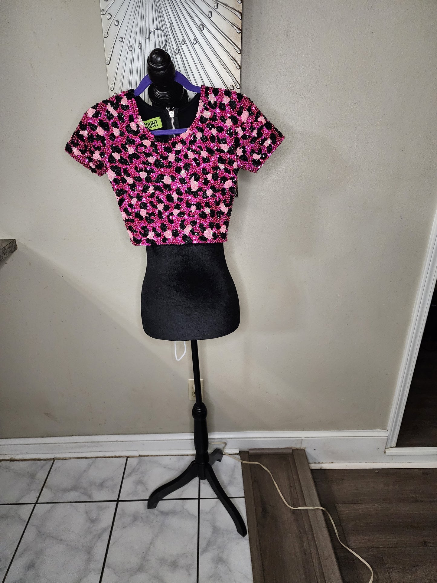 Discount Pink and Black Sequin Crop Top