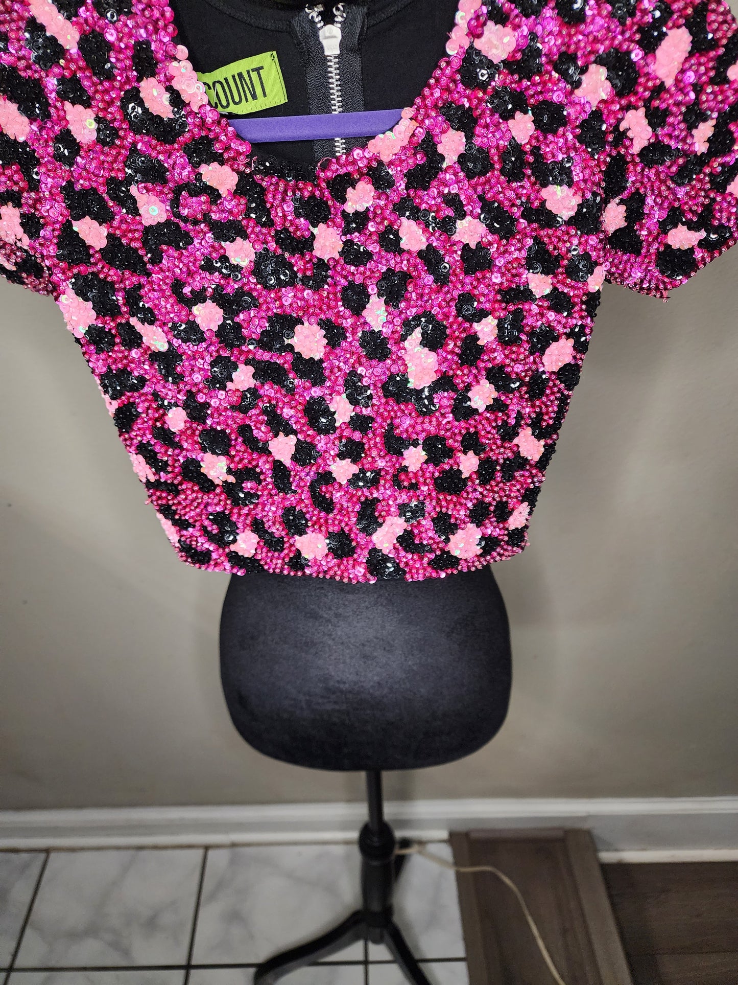 Discount Pink and Black Sequin Crop Top