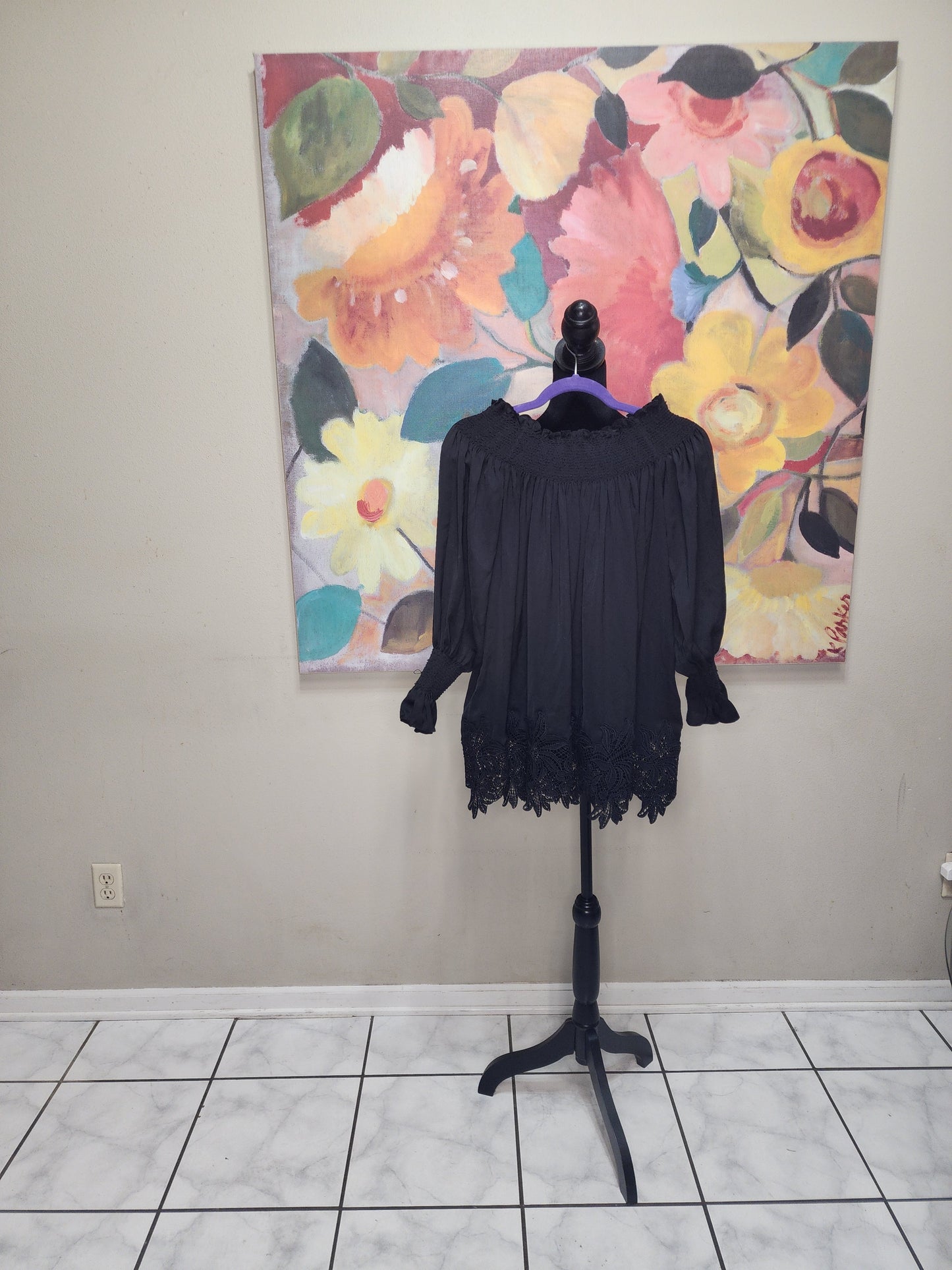 Eri & Ali Black Off the Shoulder Blouse with Lace Bottom