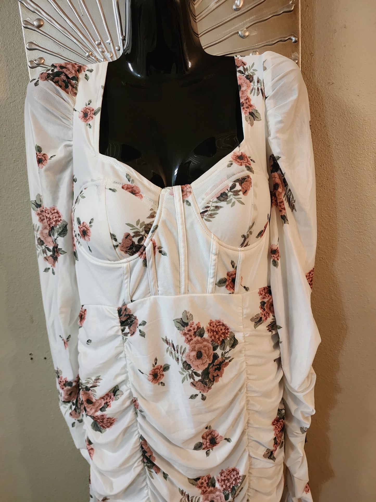 Fashion Nova White and Floral Print Ruched Midi Dress