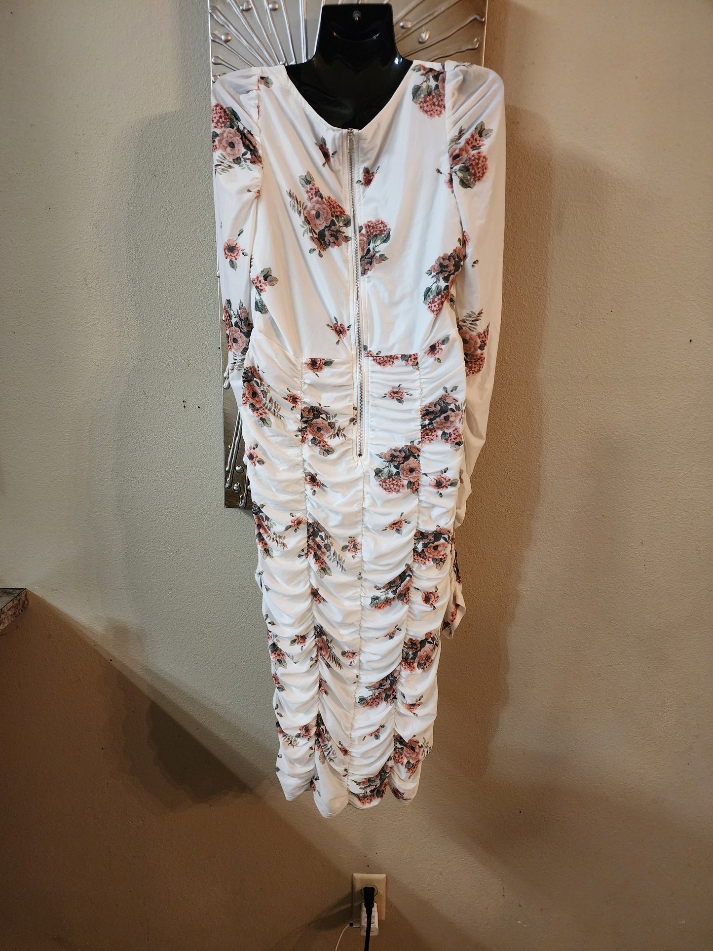 Fashion Nova White and Floral Print Ruched Midi Dress