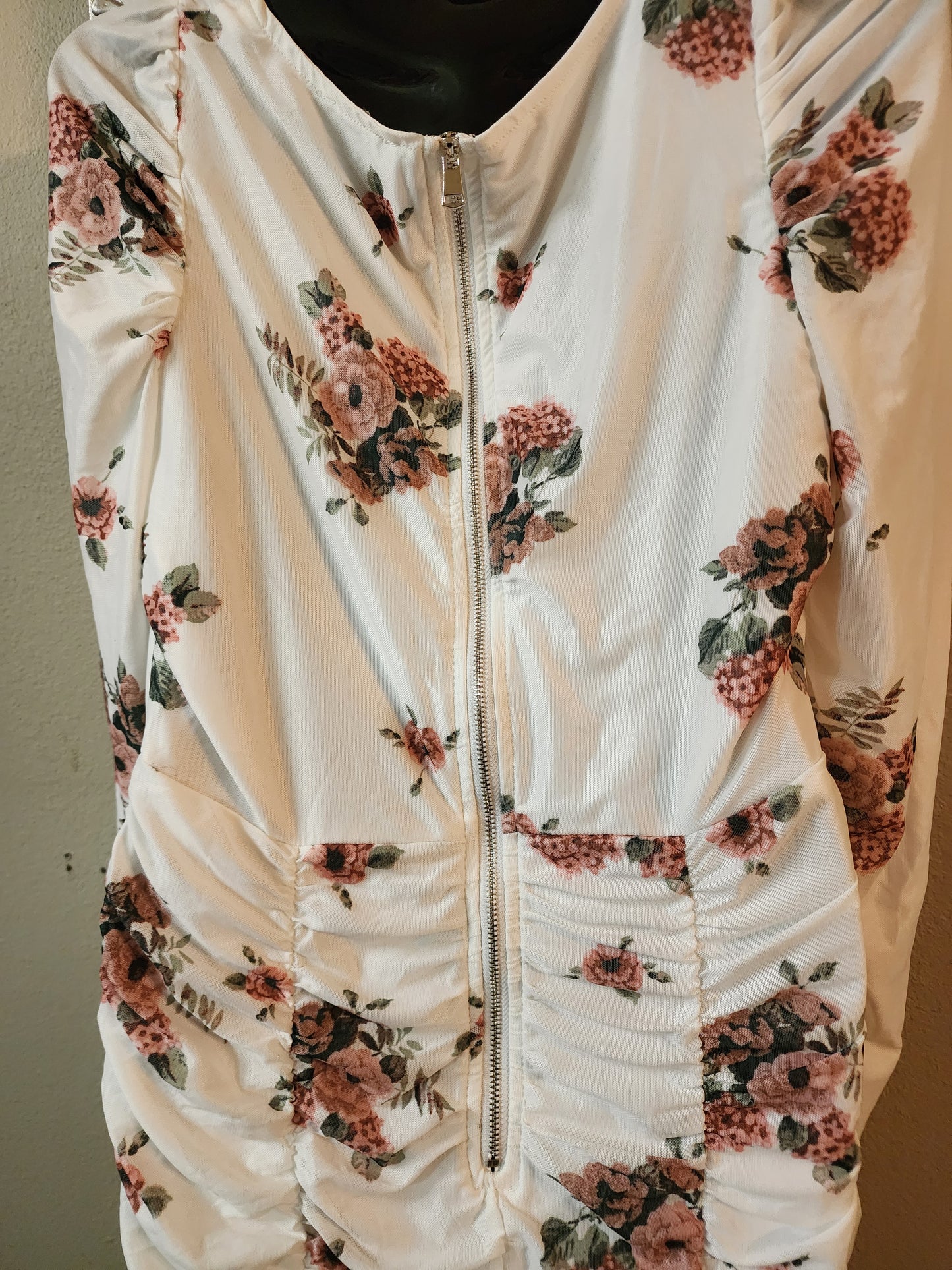 Fashion Nova White and Floral Print Ruched Midi Dress