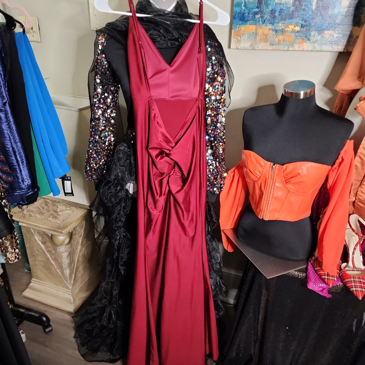 Fashion Nova Burgundy Maxi with Ruched Back and Spaghetti Straps