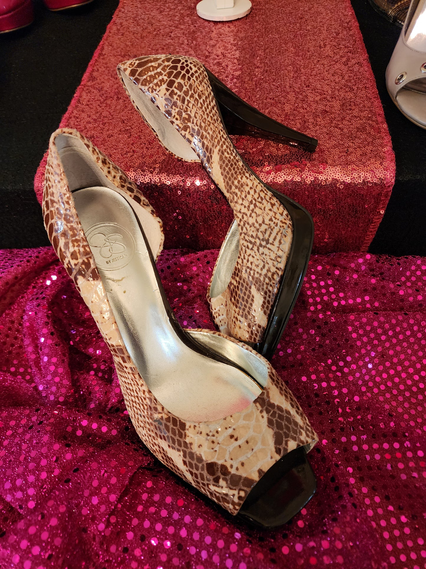 Jessica Simpson Snake Skin Peep Toe Open Side Pump