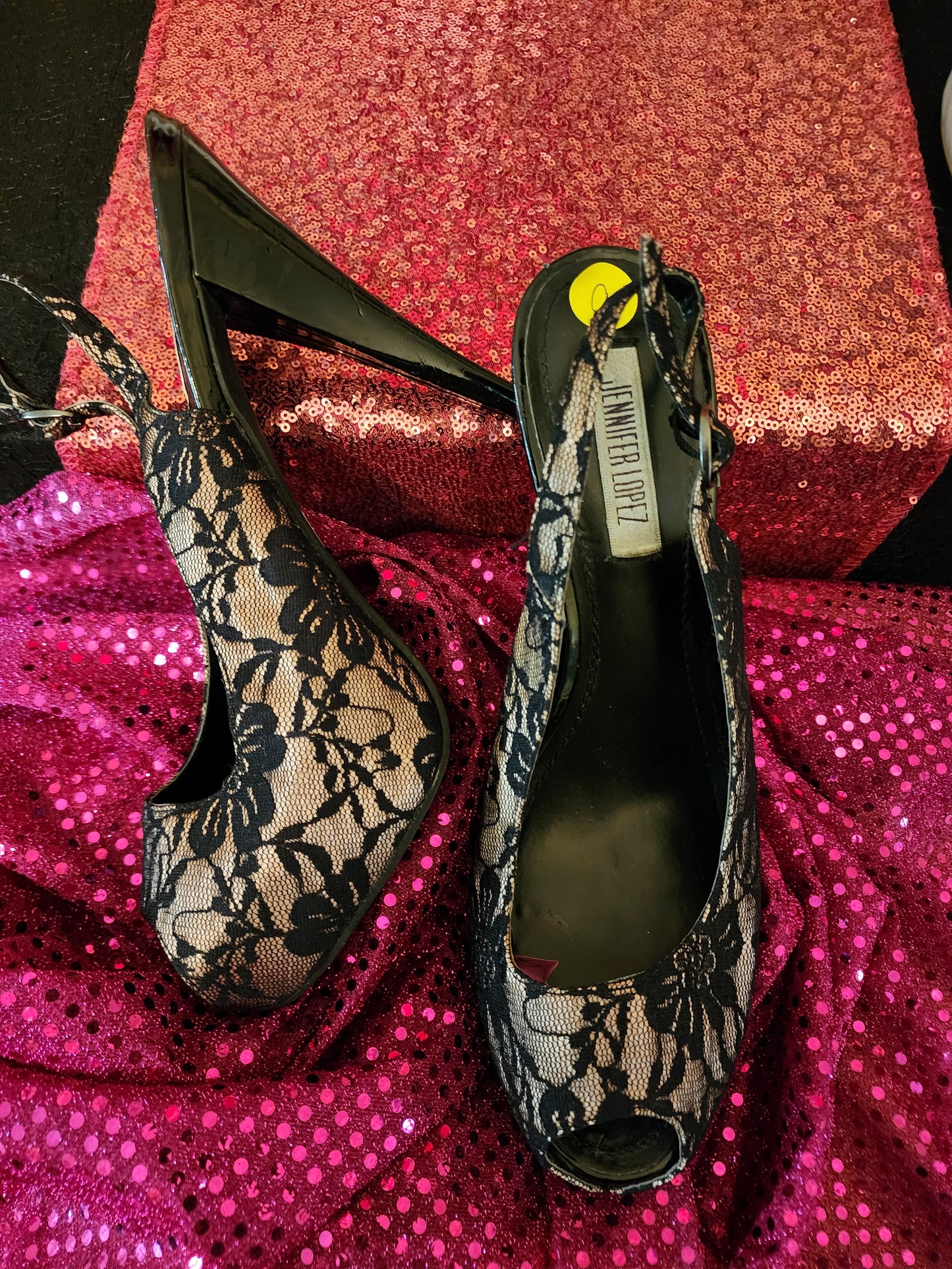 Jennifer Lopez Black Lace Sling Pump w/Peep Toe
