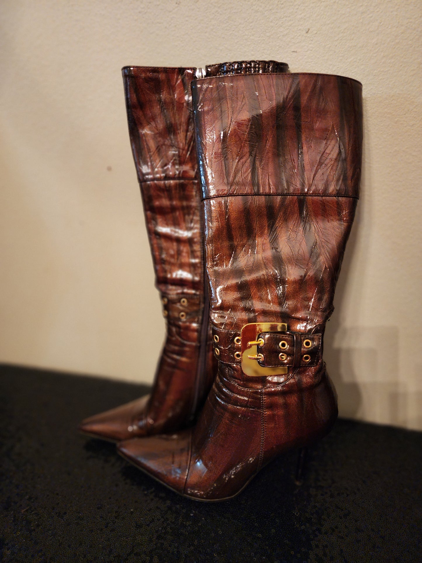 Brown Knee Boot with Gold Buckle