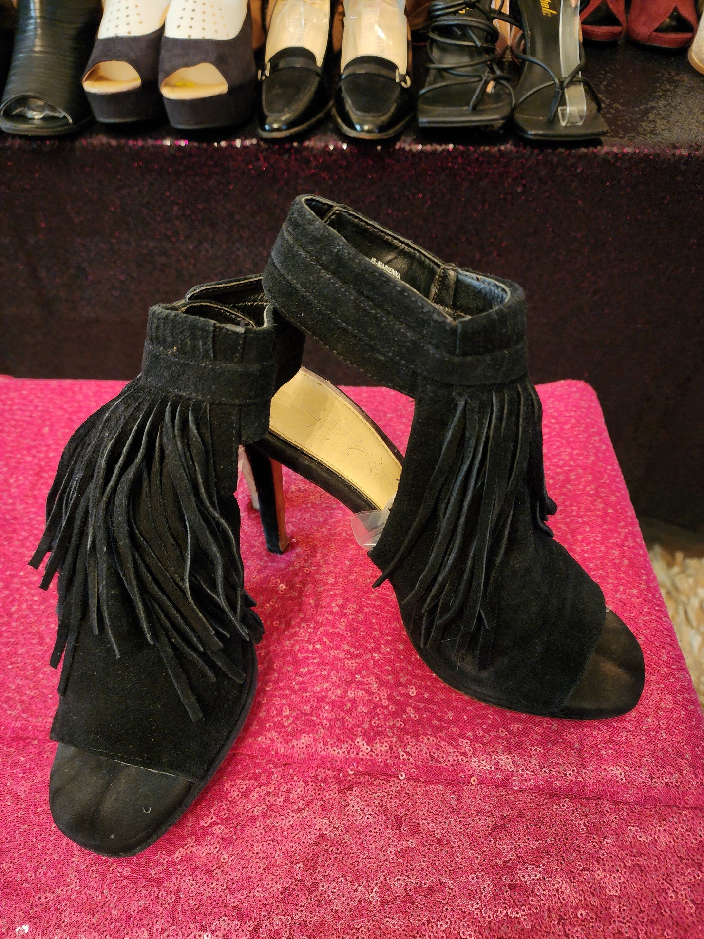 Jessica Simpson Black Open Toe Heels with Fringe