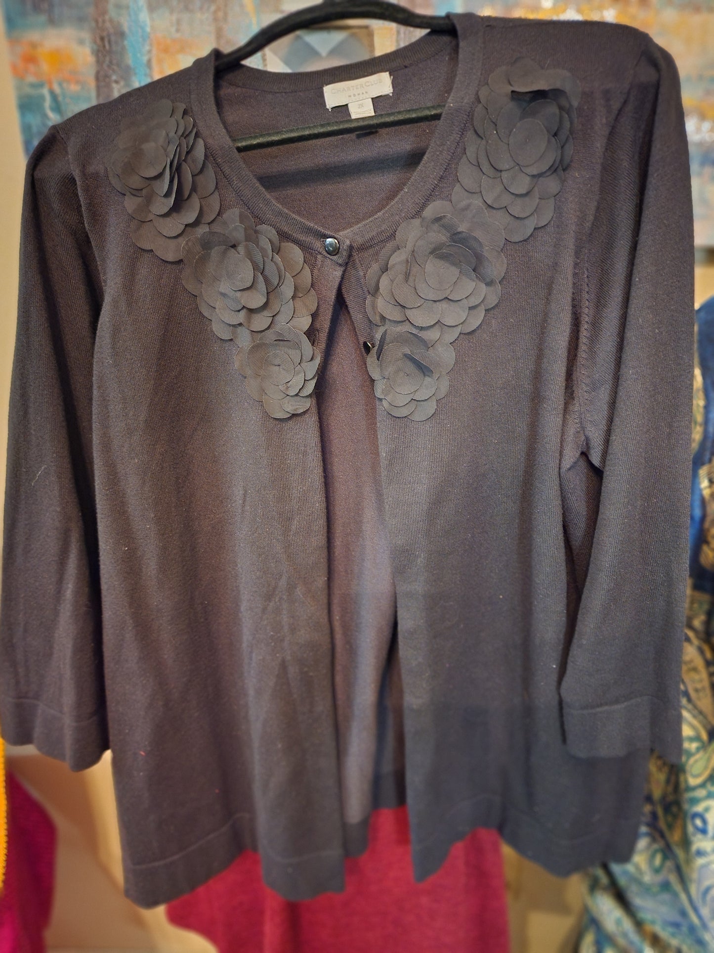 Charter Club Black Cardigan with Flower Appliques (2X)