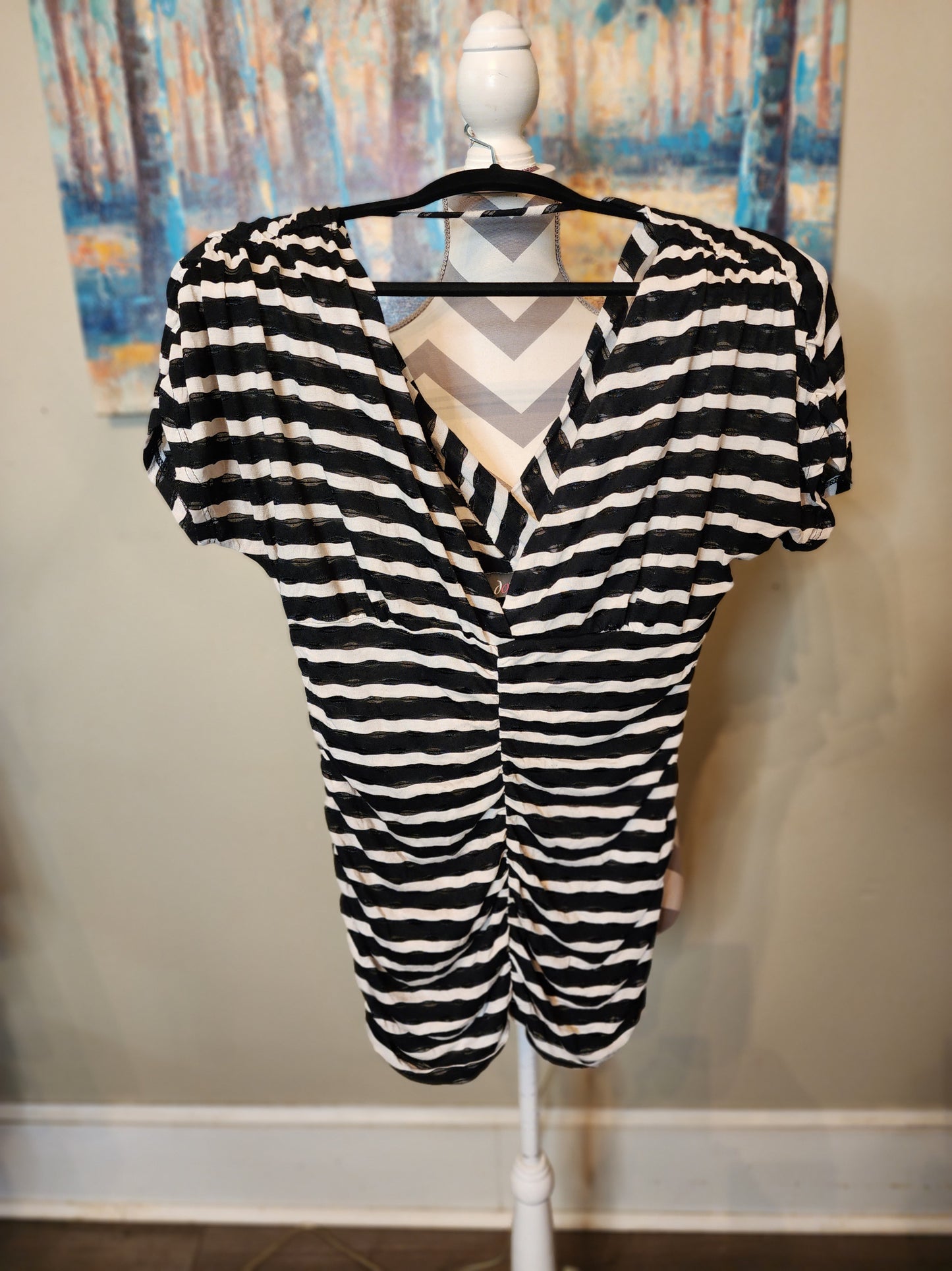 Dots Black and Beige Striped Blouse with Ruching