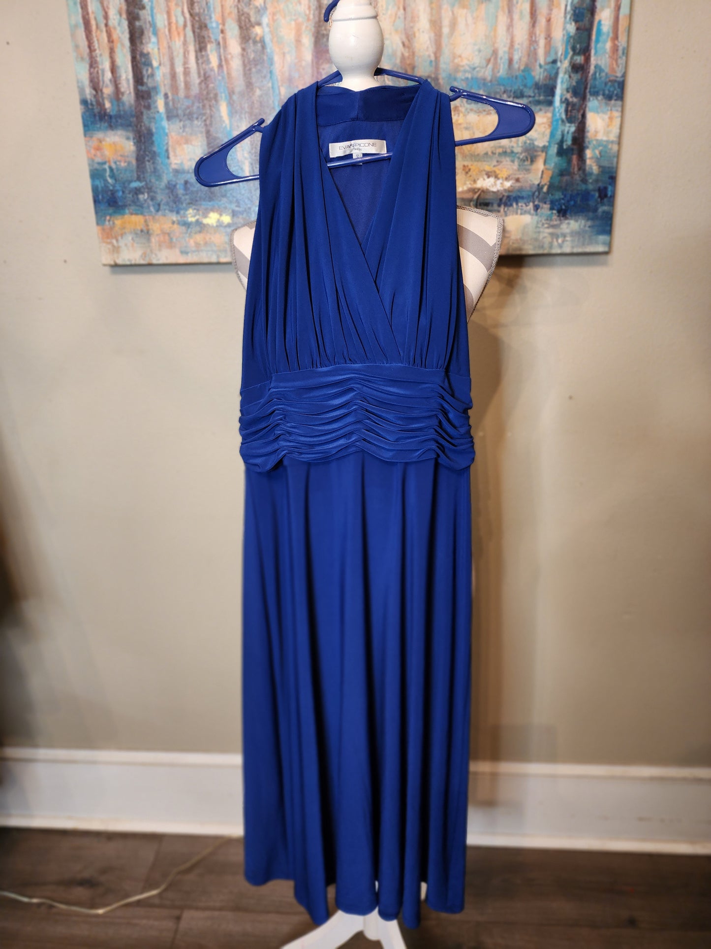 Evan Picone Dress Blue Halter with Ruched Cummerbund