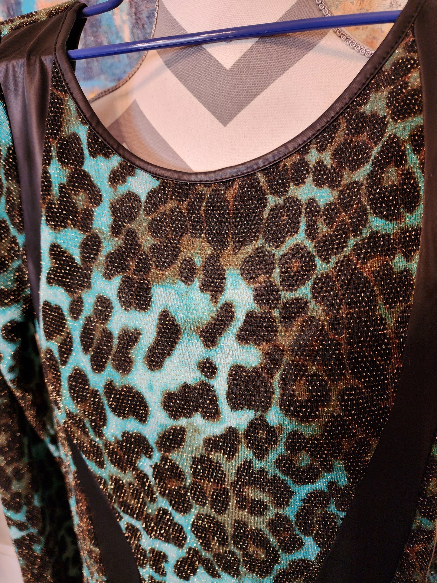 Turquoise and Animal Print Midi Dress with Gold Accents and Faux Leather
