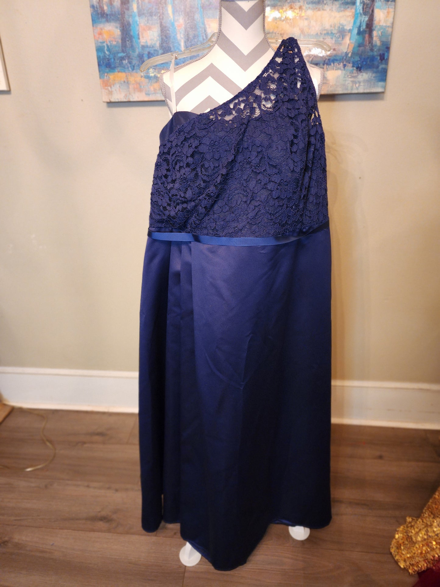 David's Bridal Navy Lace One Shoulder Taffeta Gown