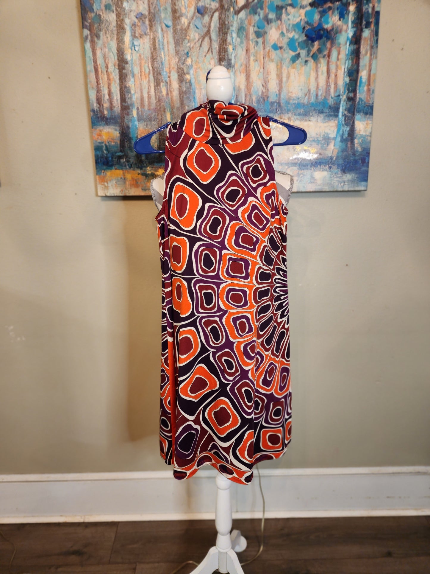 Abstract Print Turtleneck Swing Dress in Orange, Burgundy and Tan