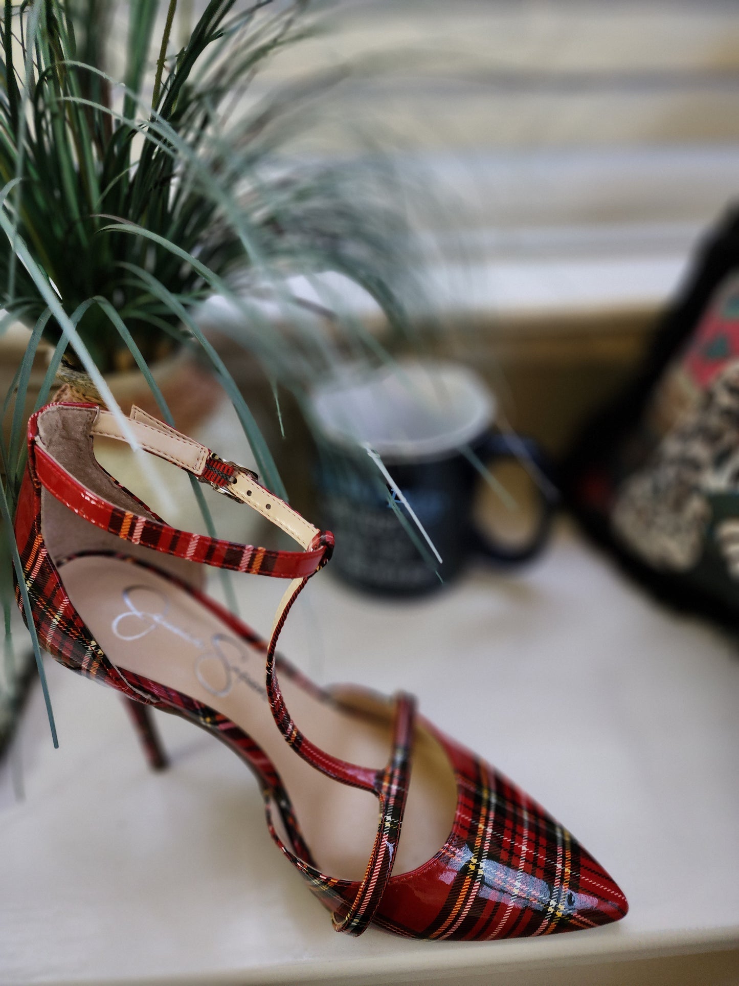 Jessica Simpson Red Plaid T-Strap /Ankle Strap Heel