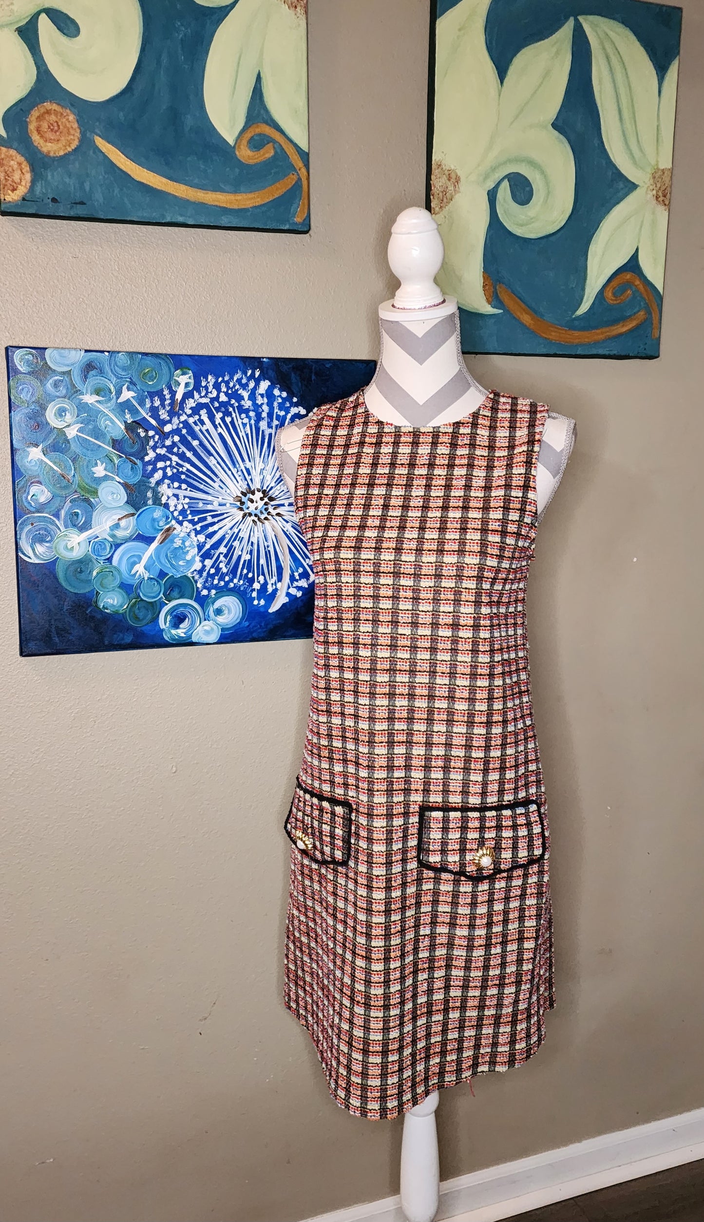 Zara Basic Plaid Sheath Dress with Pearl and Gold Buttons