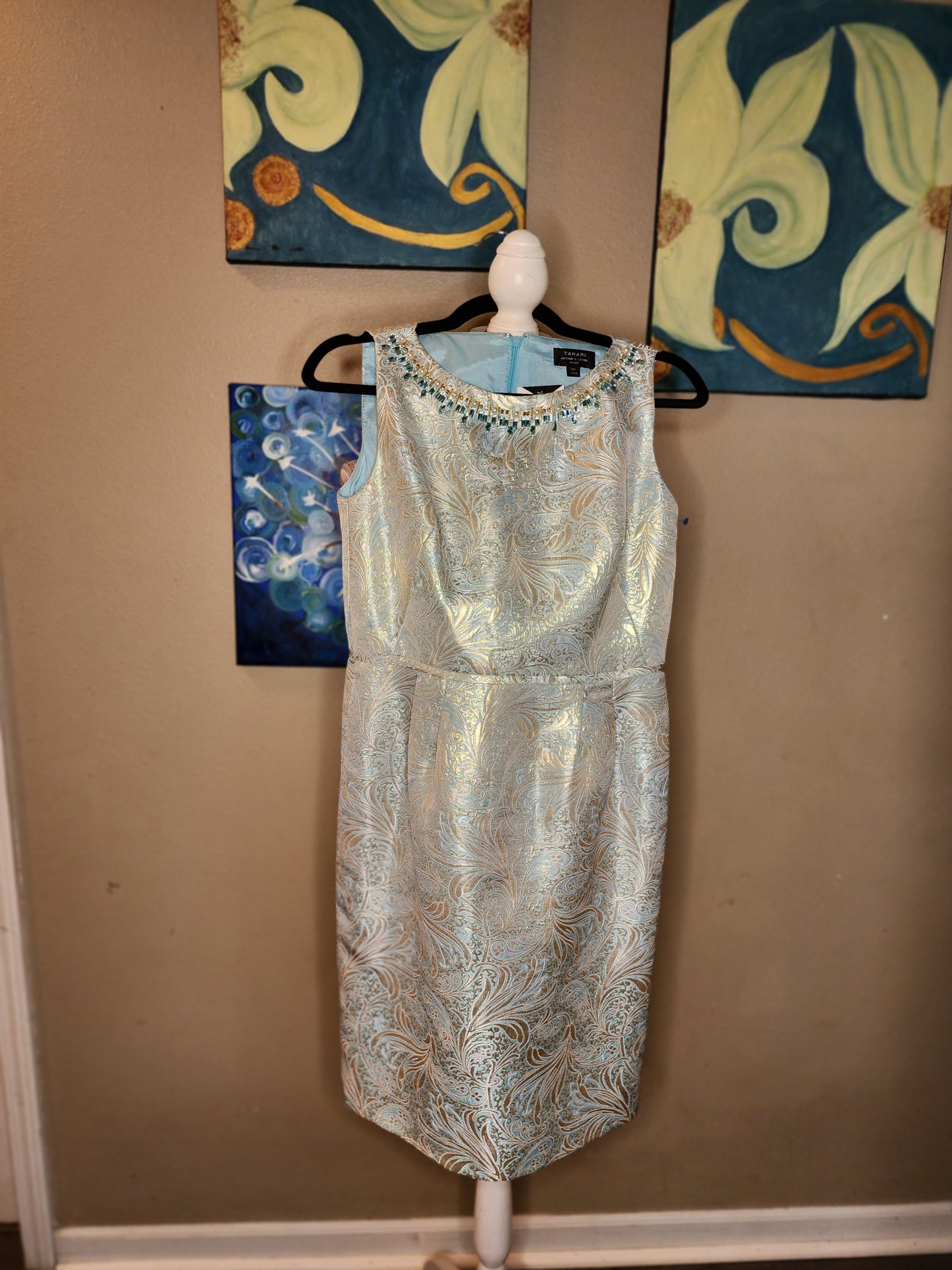 Tahari Arthur S. Levine Petite Blue, Gold and Jeweled Sheath Dress