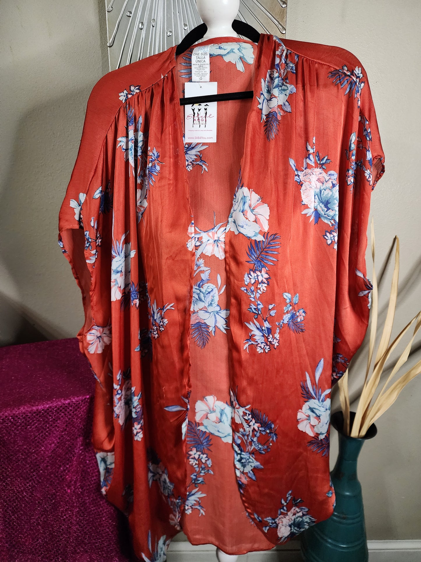 Time & Tru Red Floral Duster