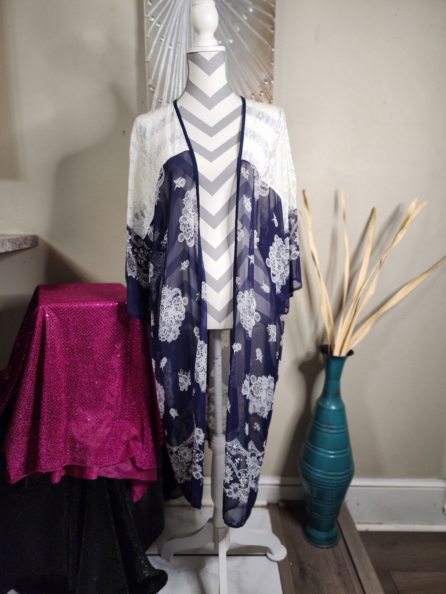 Steezyer Navy and Beige Duster with Lace