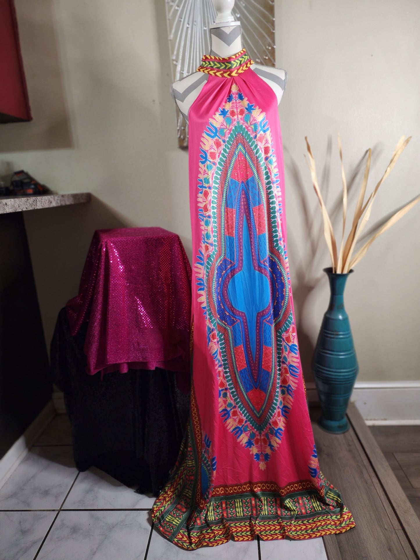 Pink Dashiki Halter Top Maxi Dress