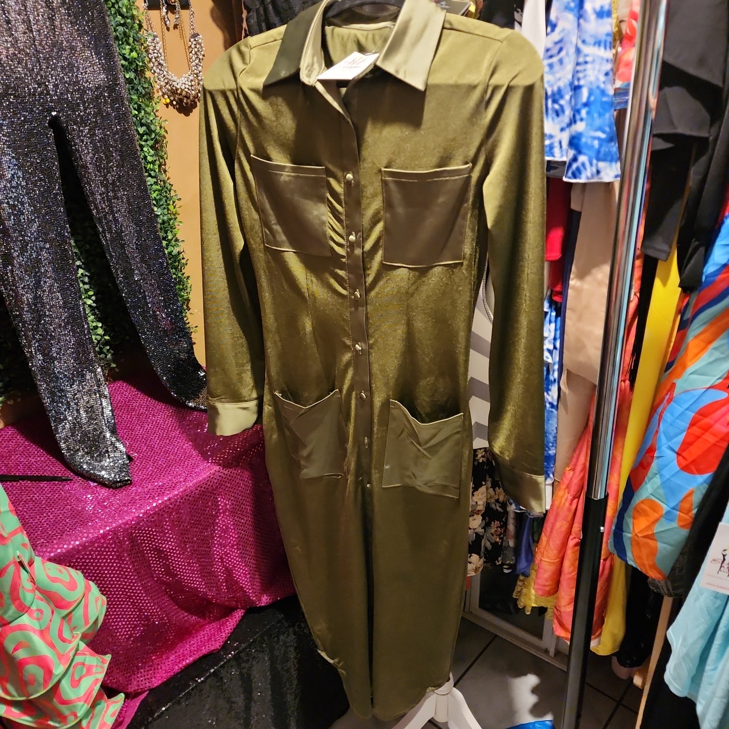 Shein Olive Green Button Shirt Dress