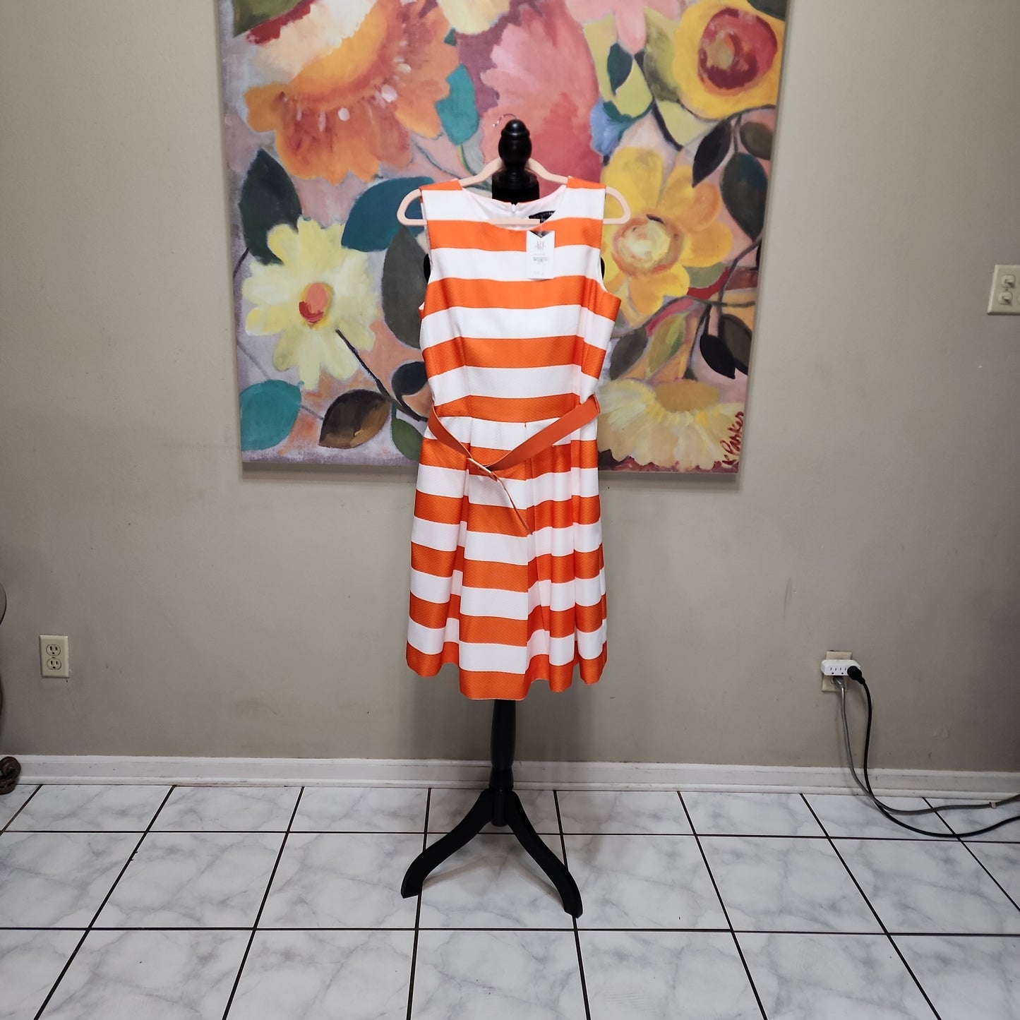Madison Leigh Orange and White tripe Dress with Belt
