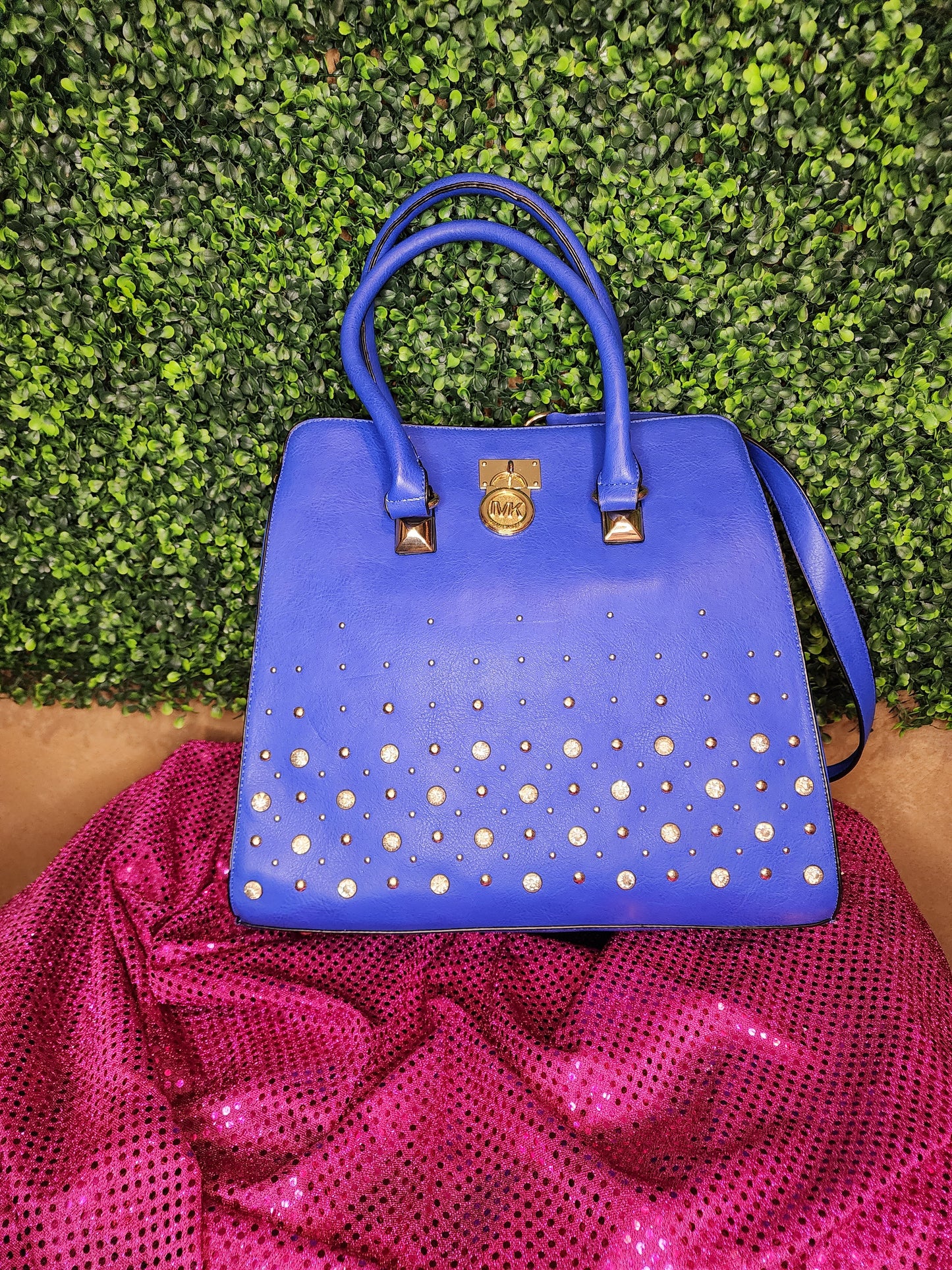 MK Royal Blue Studded Tote Bag with Gold Chain Strap