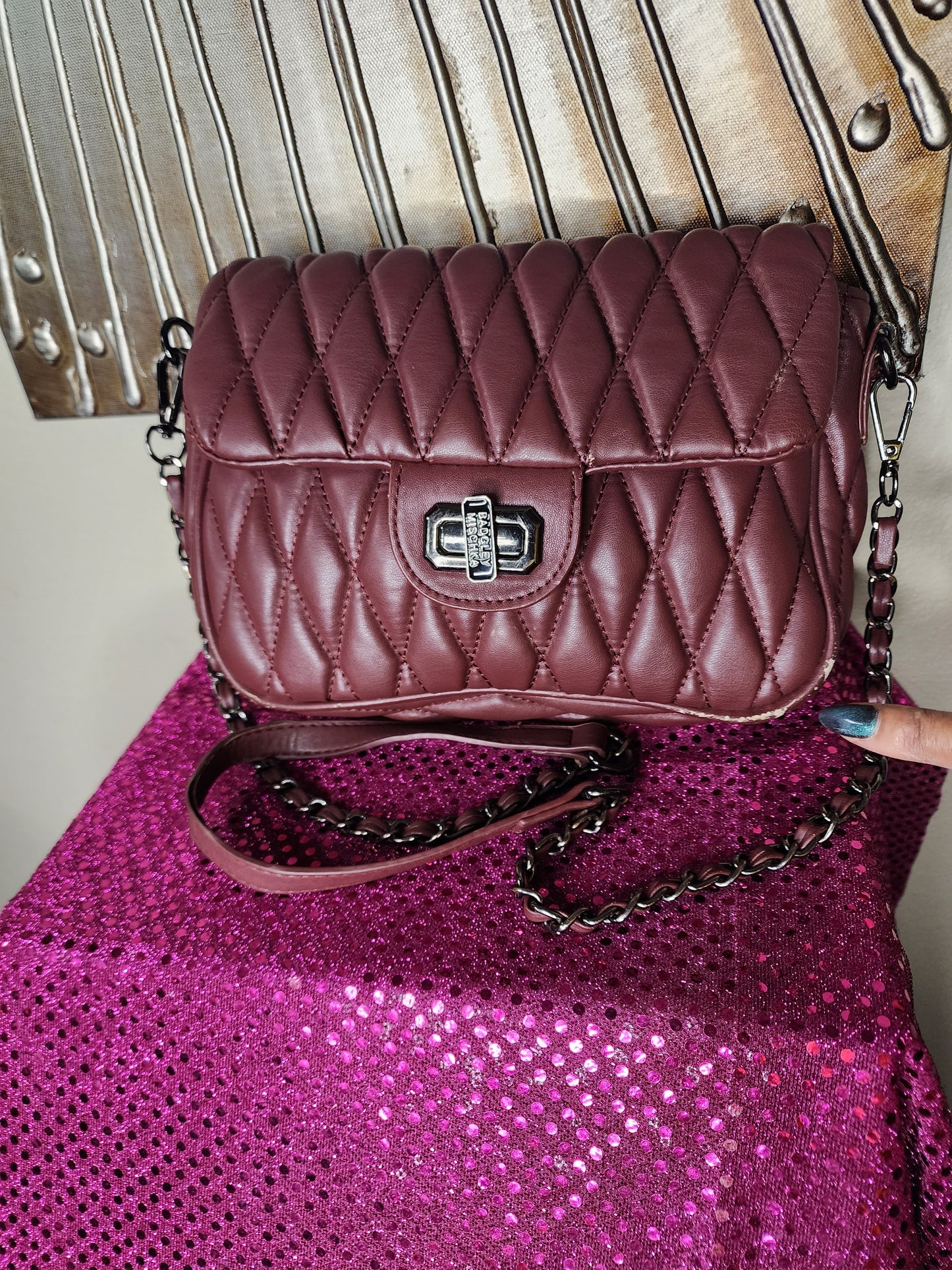 Badgley Mischka Burgundy Leather Quilted Crossbody