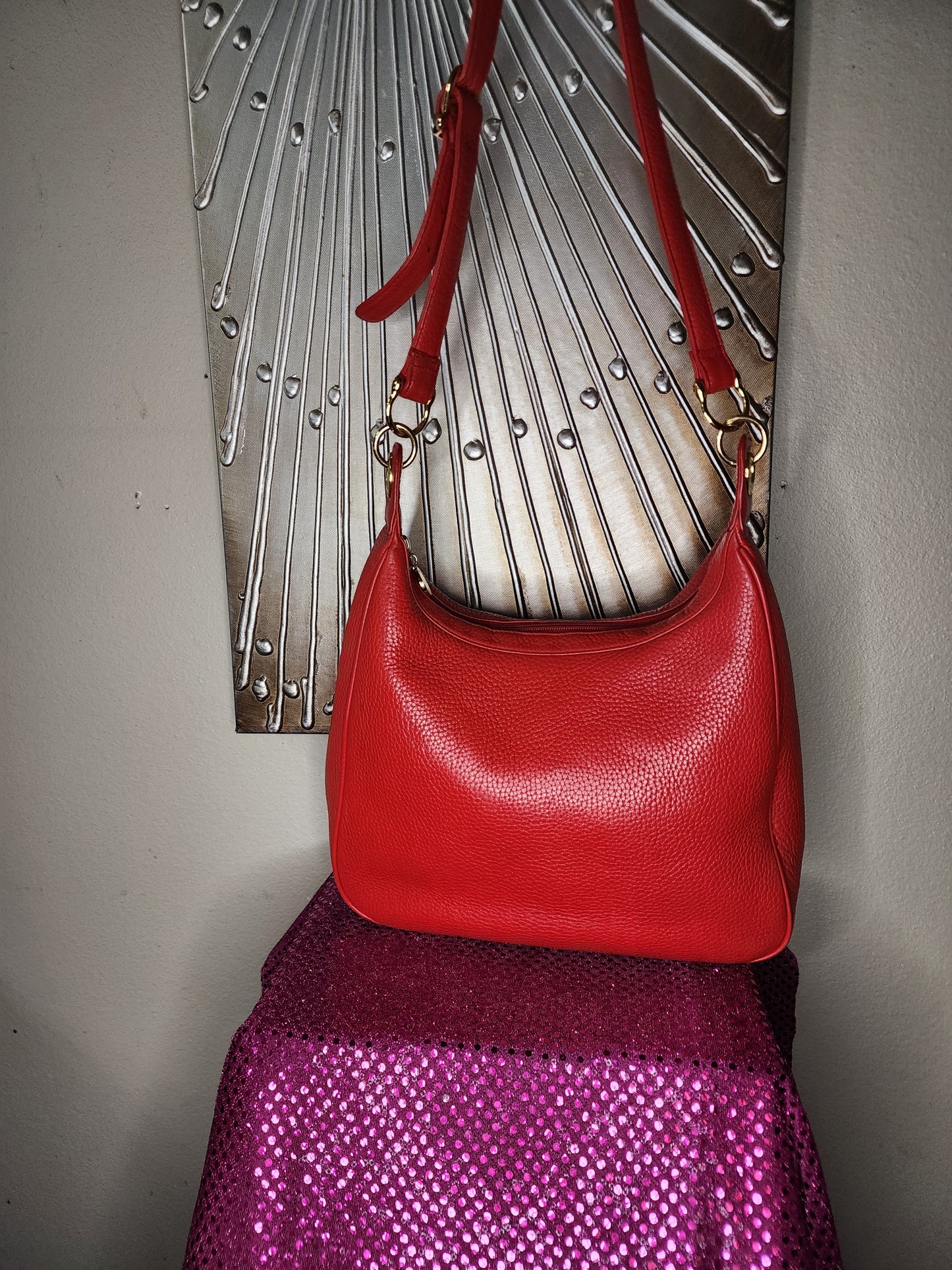 Medallion Red Leather Handbag w/Gold Hardware