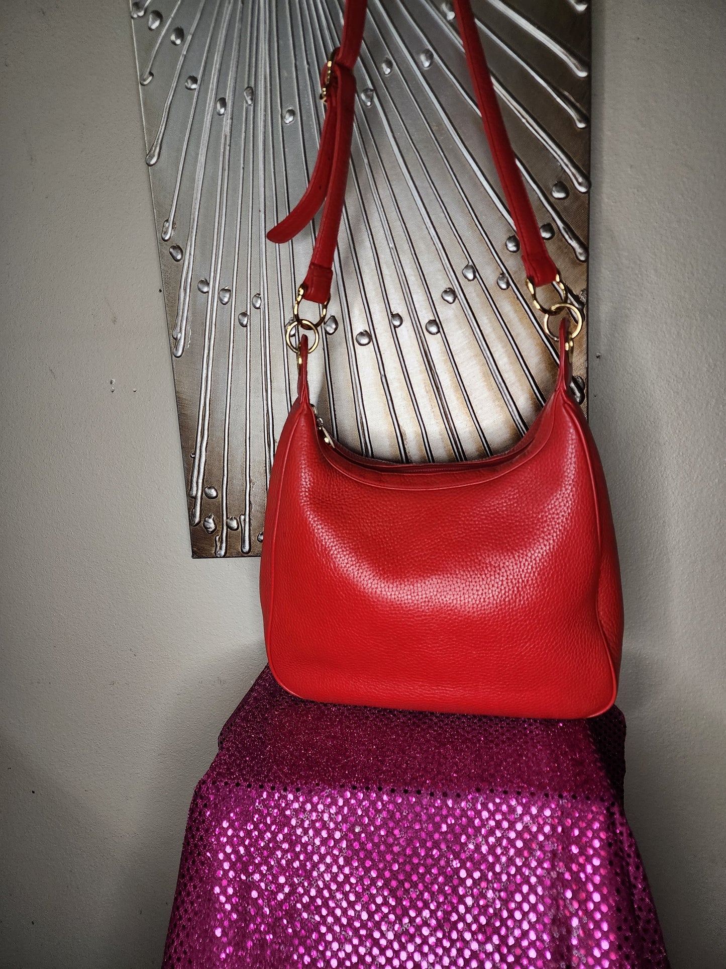 Medallion Red Leather Handbag w/Gold Hardware