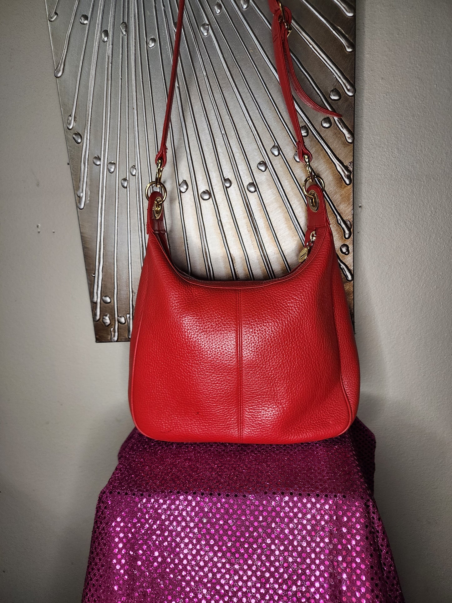 Medallion Red Leather Handbag w/Gold Hardware