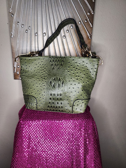 Green Faux Crocodile Handbag w/Gold Hardware