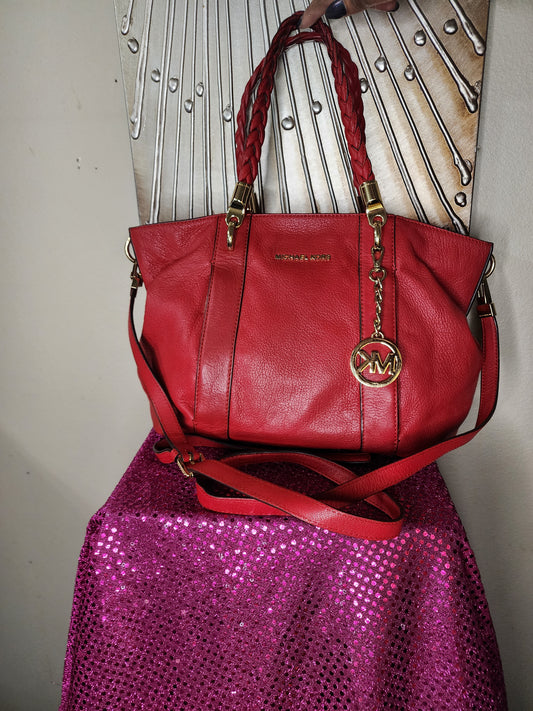 Michael Kors Red Handbag with Braided Straps and Gold Hardware