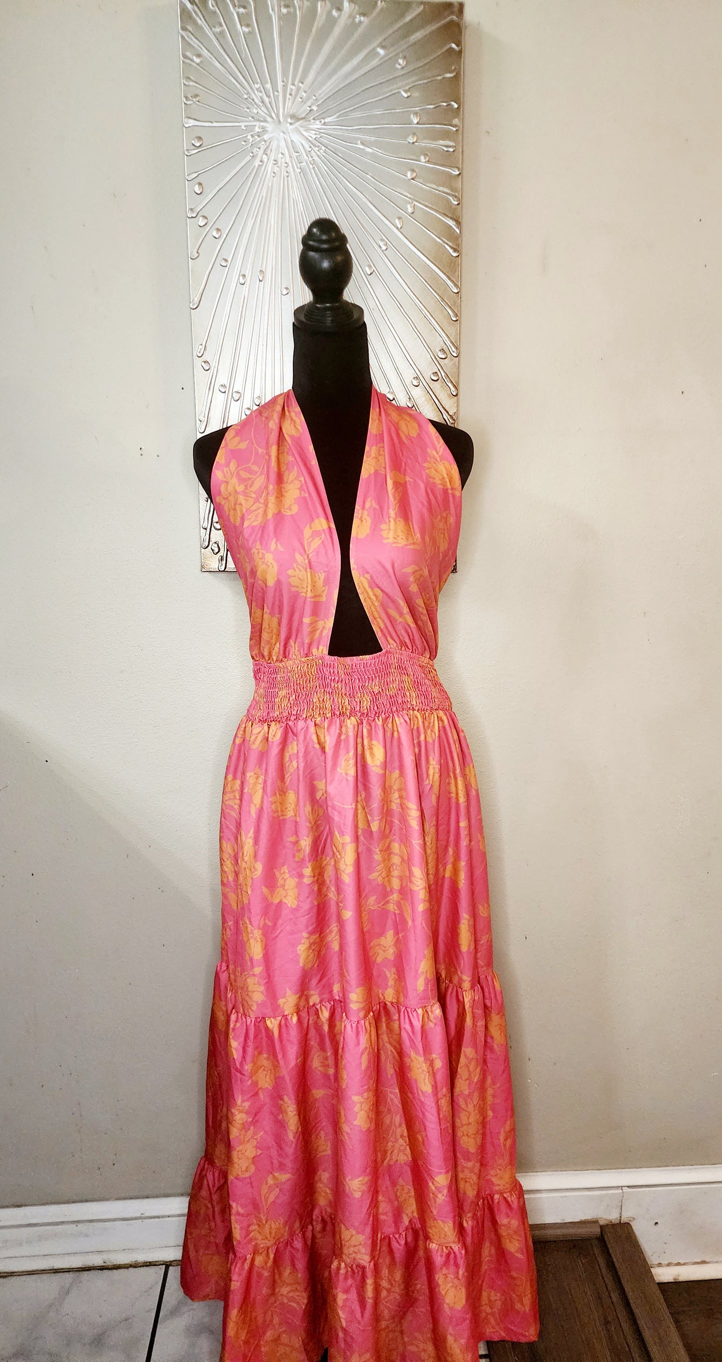 Shein Curve Pink and Orange Ruffled Halter Maxi Dress