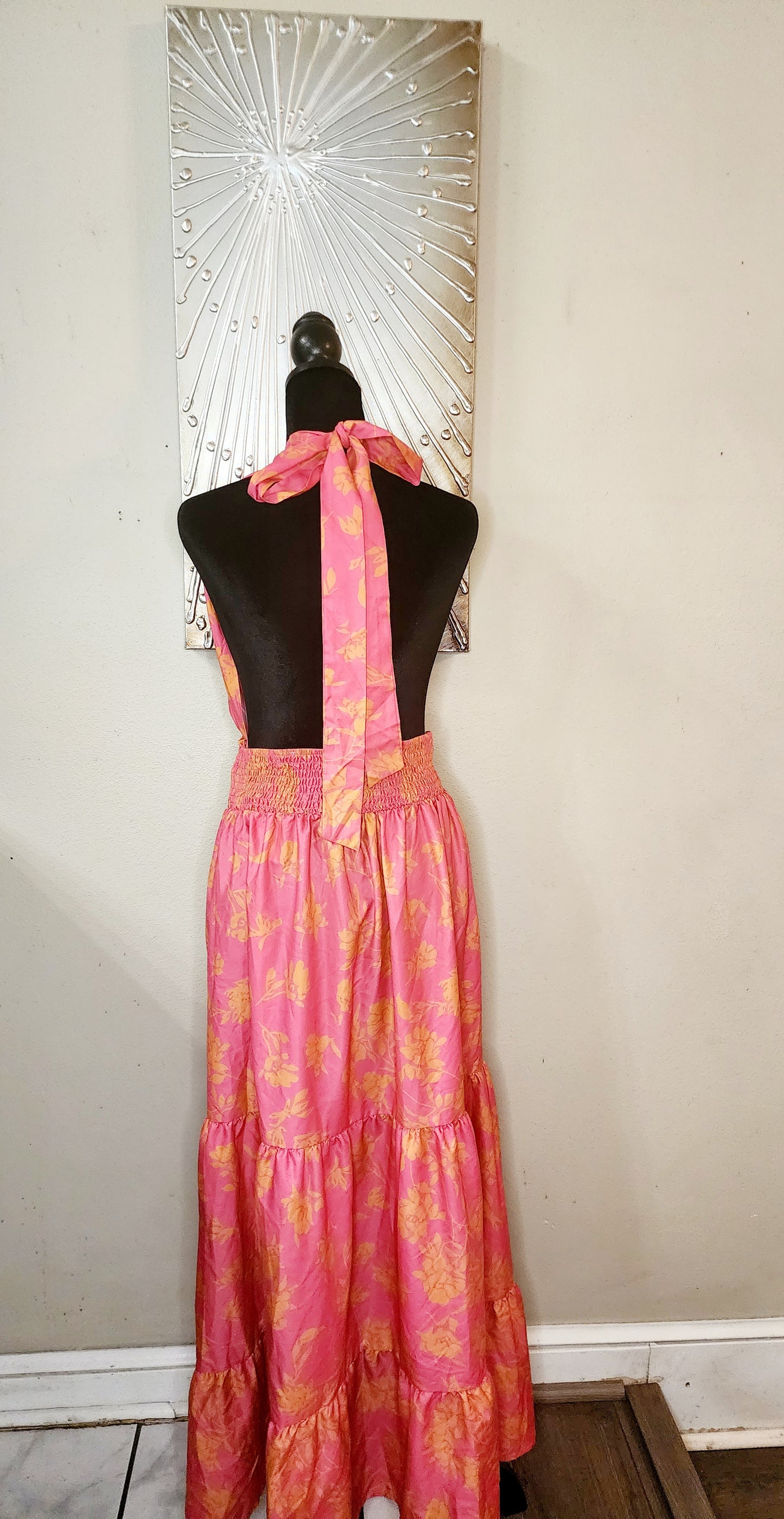 Shein Curve Pink and Orange Ruffled Halter Maxi Dress