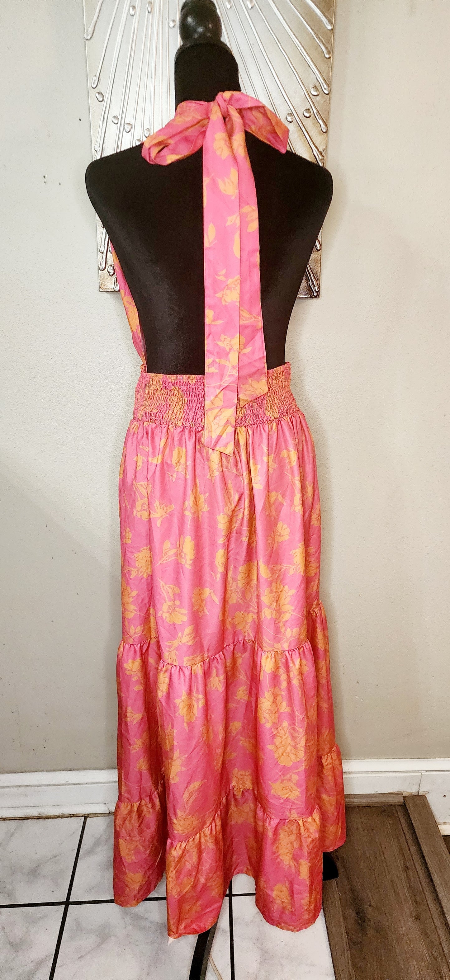 Shein Curve Pink and Orange Ruffled Halter Maxi Dress