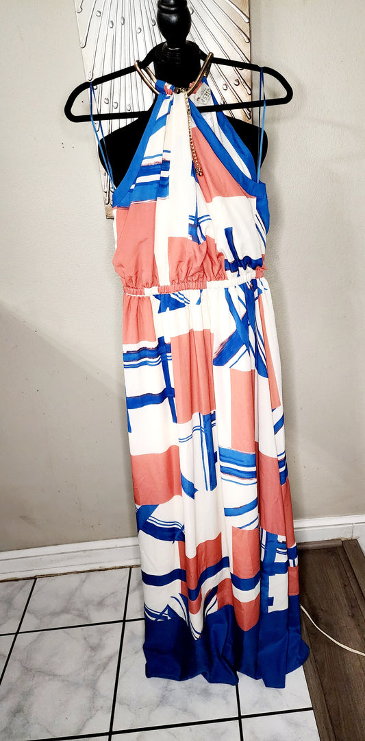 Jessica Simpson White, Blue and Coral Maxi Dress