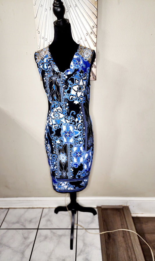 Cache Blue and White Sheath Dress with Gold Jewels