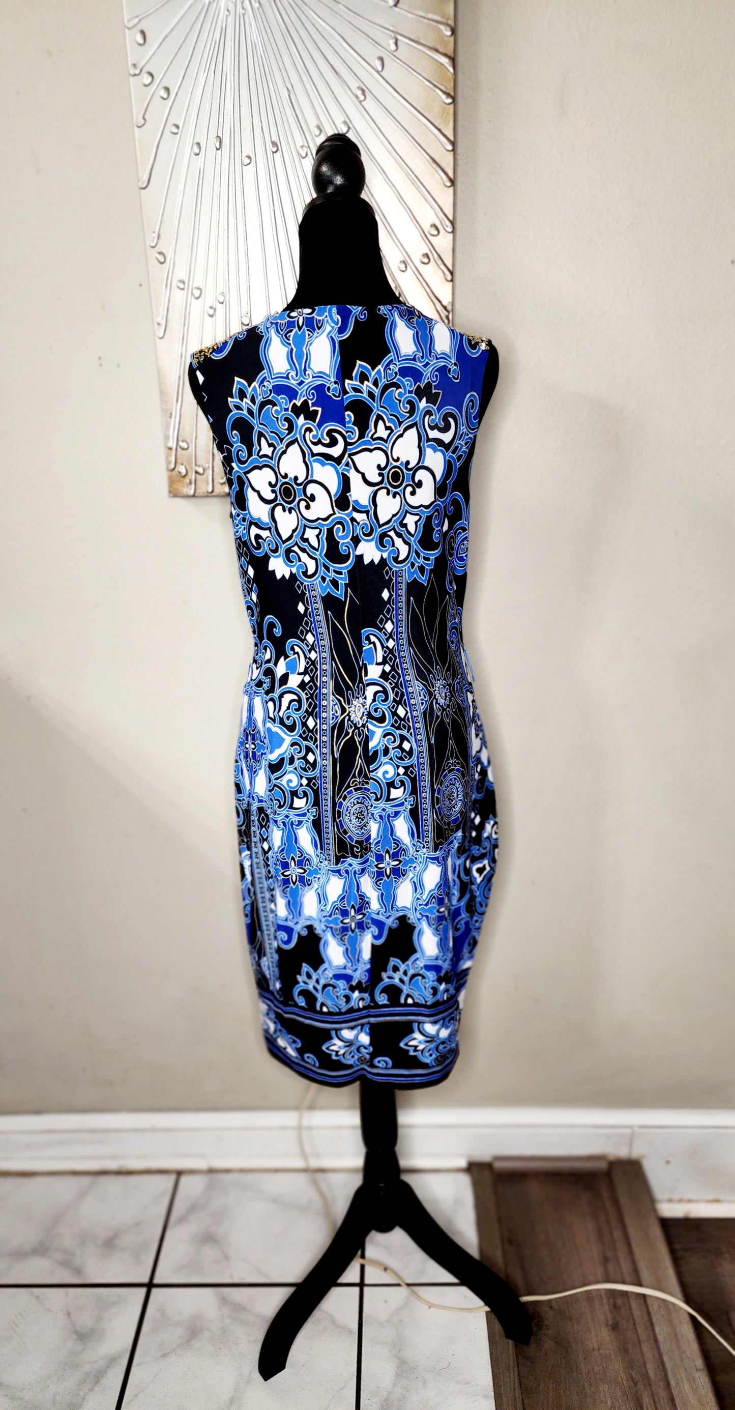 Cache Blue and White Sheath Dress with Gold Jewels