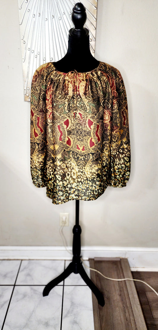 Jones New York Blouse in Burgundy, Gold, Green and Black)