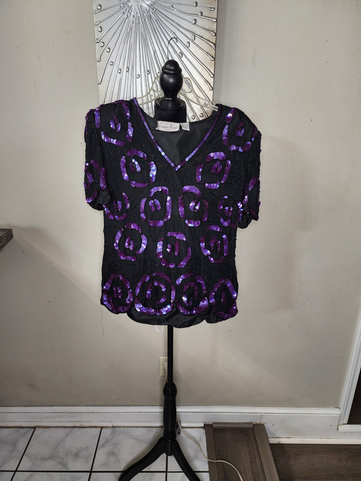 Laurence Kazar Black and Purple Sequin Top