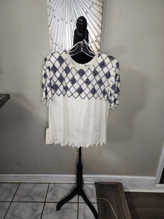 Mark and John by Gopal White and Blue/Gray Sequin Top