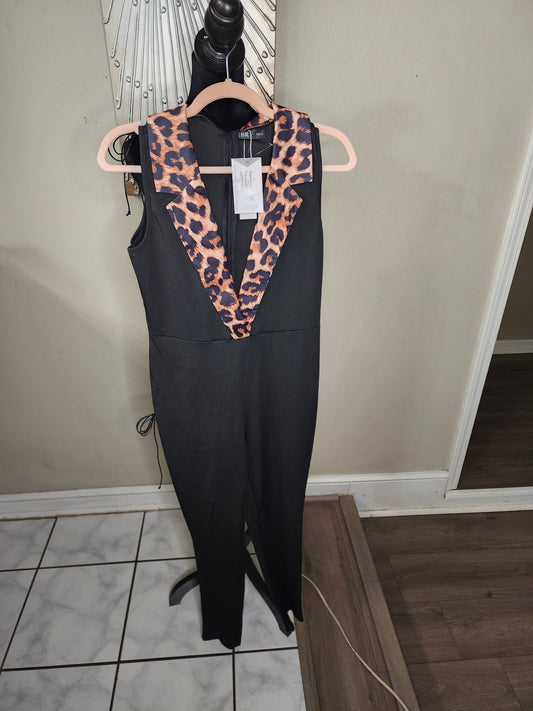 CBR Black Jumpsuit with Animal Print Lapel